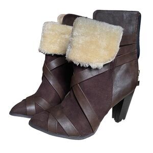 Penny Loves Kenny Boots Size 7.5 Amp Brown Heeled Criss Cross Straps Mid Calf